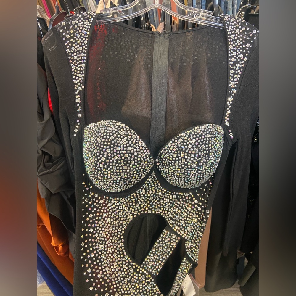 Black Rhinestone Embellished Mini Dress